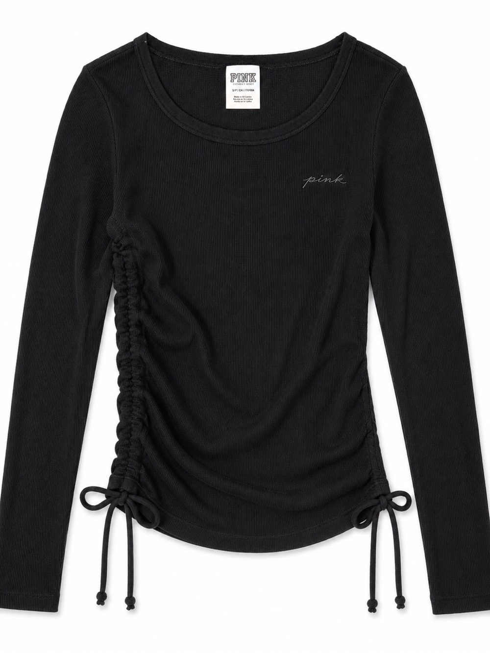 PINK Victoria's Secret Black Long-Sleeve Ruched Side Tie Top